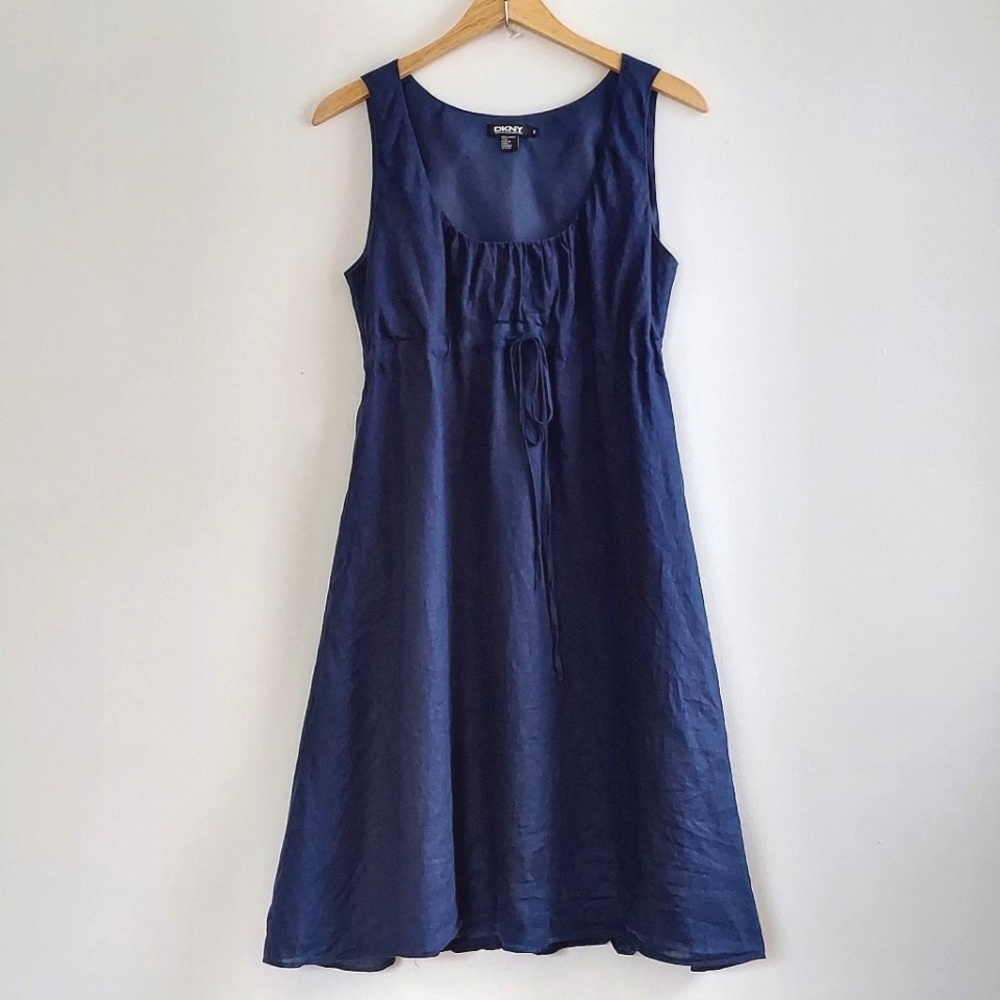DKNY Navy Blue Linen Empire Waist Summer Dress, Sz S
